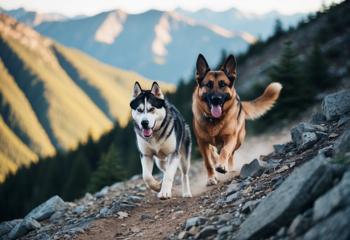 A husky and a German shepherd race up a steep mountain trail. The husky pulls ahead with its endurance, while the German shepherd shows strength and agility navigating the rocky terrain