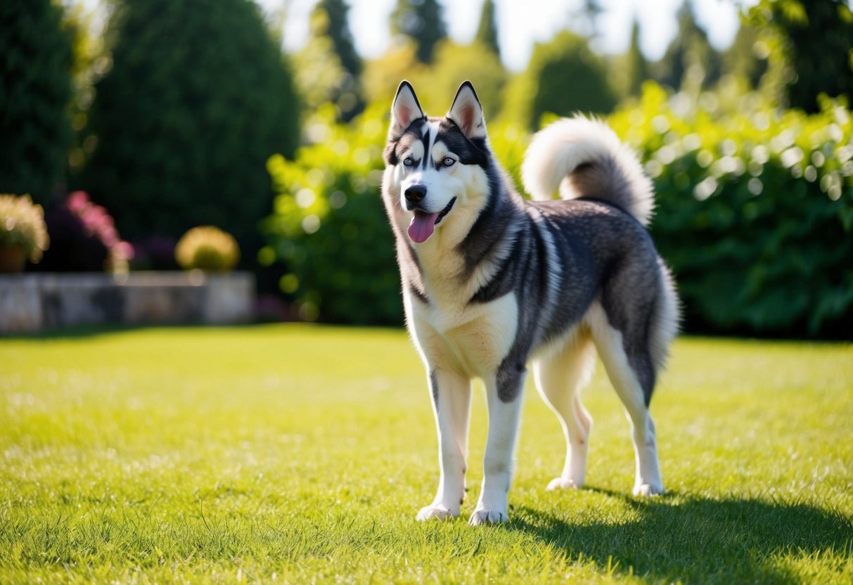 A regal husky stands in a spacious, well-kept yard, surrounded by lush greenery. Its thick, luxurious fur gleams in the sunlight, showcasing the breed's beauty and desirability