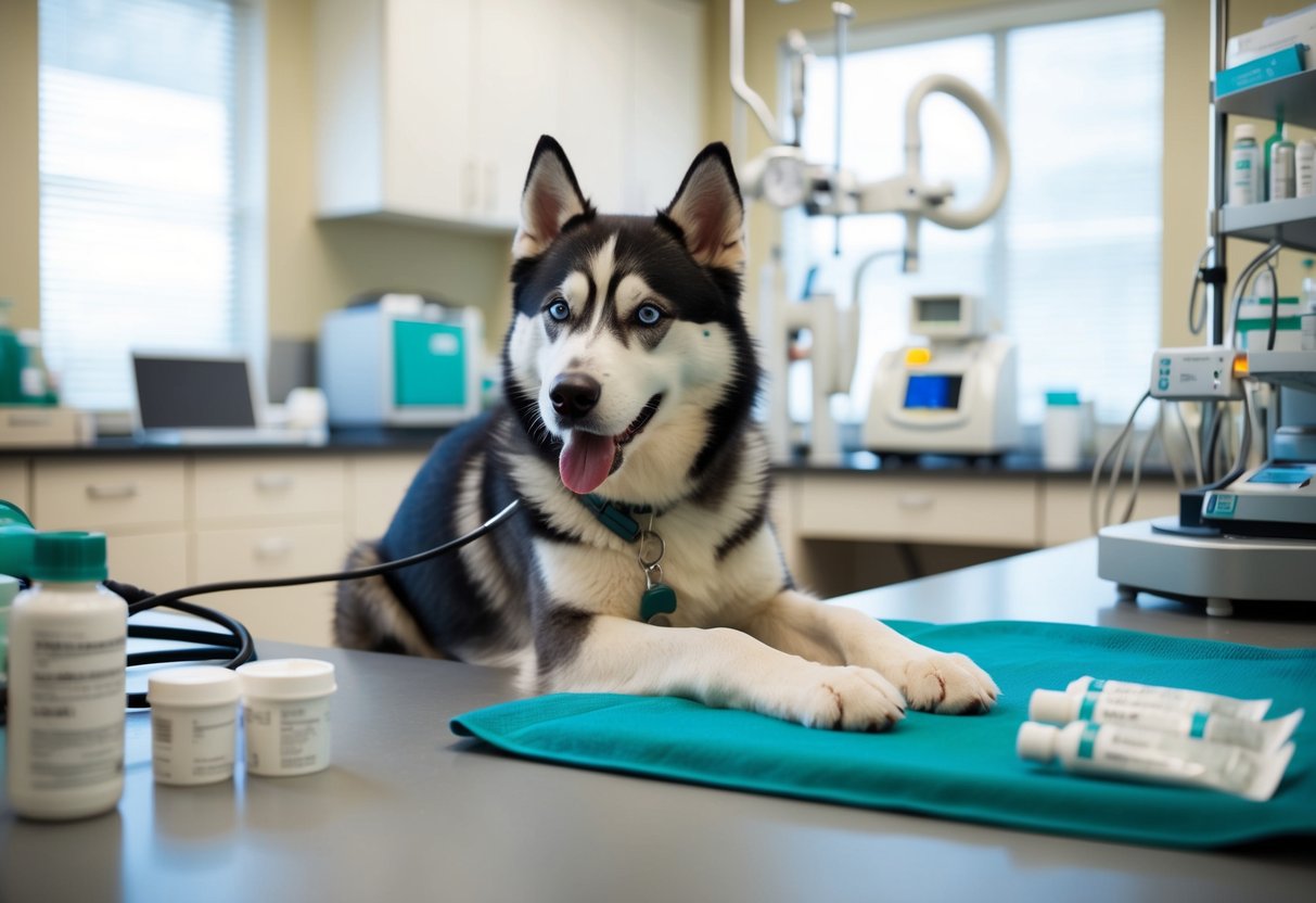 A veterinarian office with a husky receiving medical care, surrounded by expensive equipment and medication