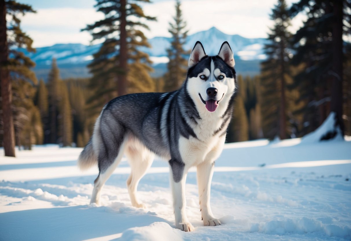 A majestic husky dog stands in a snow-covered forest, surrounded by tall pine trees and a distant mountain range. The dog's thick fur glistens in the sunlight, exuding strength and nobility