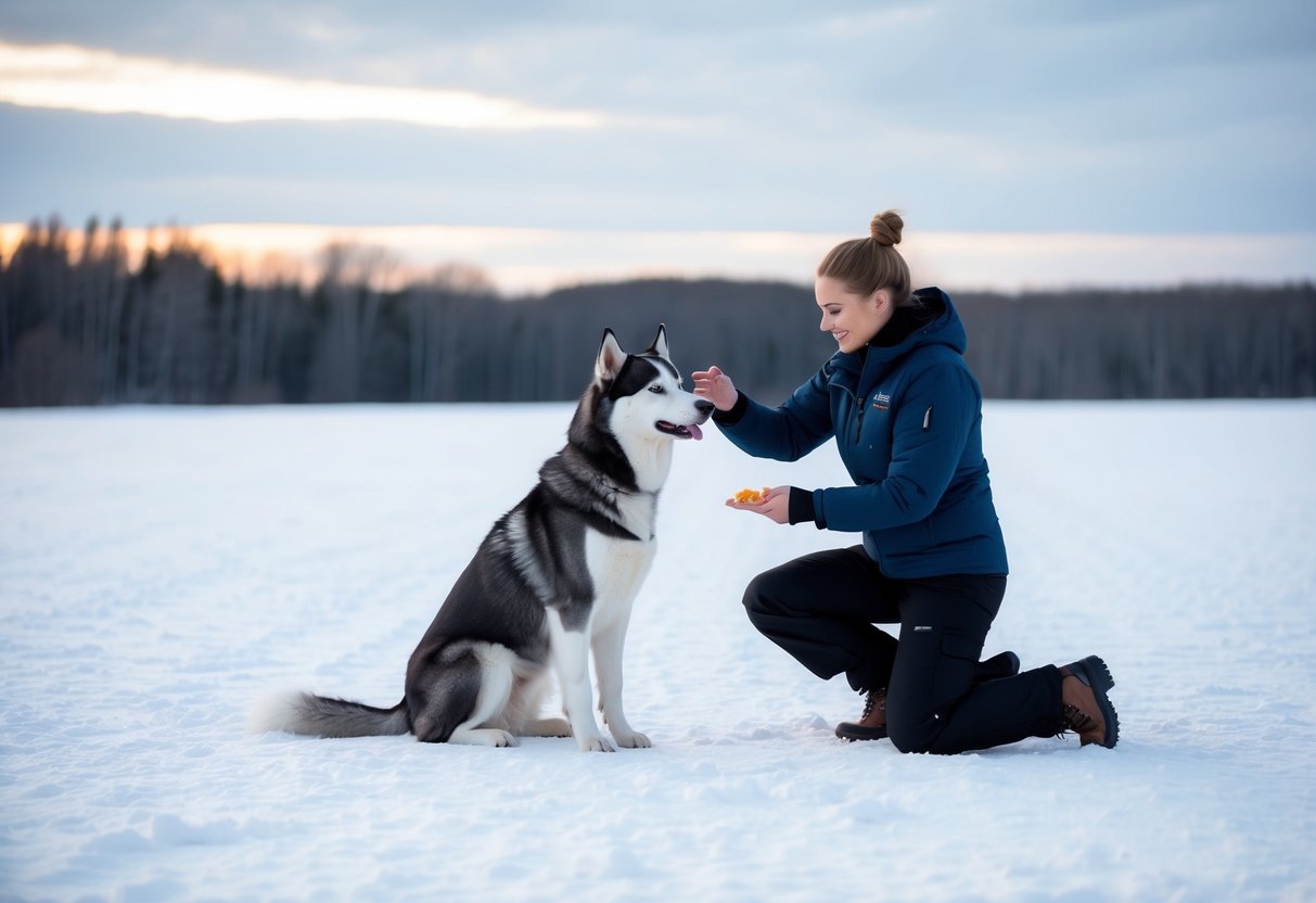 A husky dog obediently sits and stays on command in a spacious, snow-covered field. A trainer stands nearby, giving praise and treats