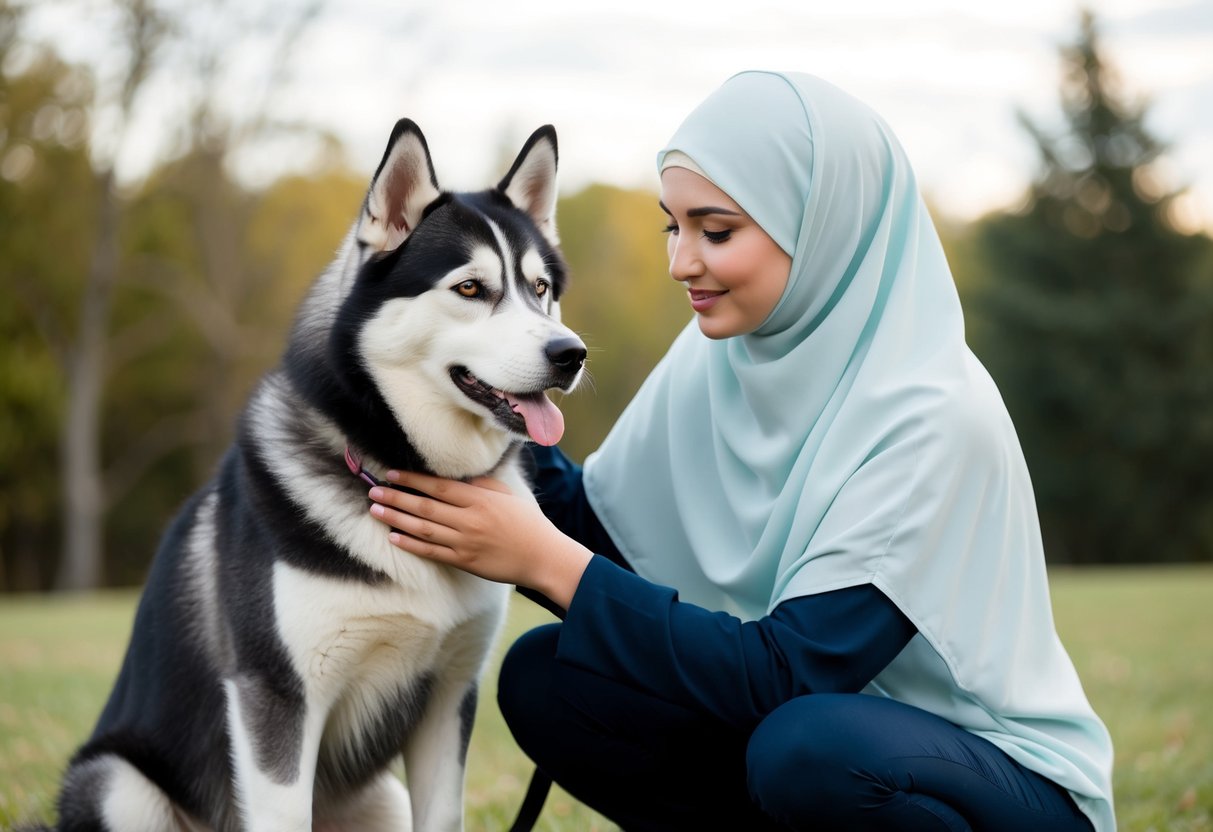 A Muslim person gently pets a husky dog in a peaceful outdoor setting