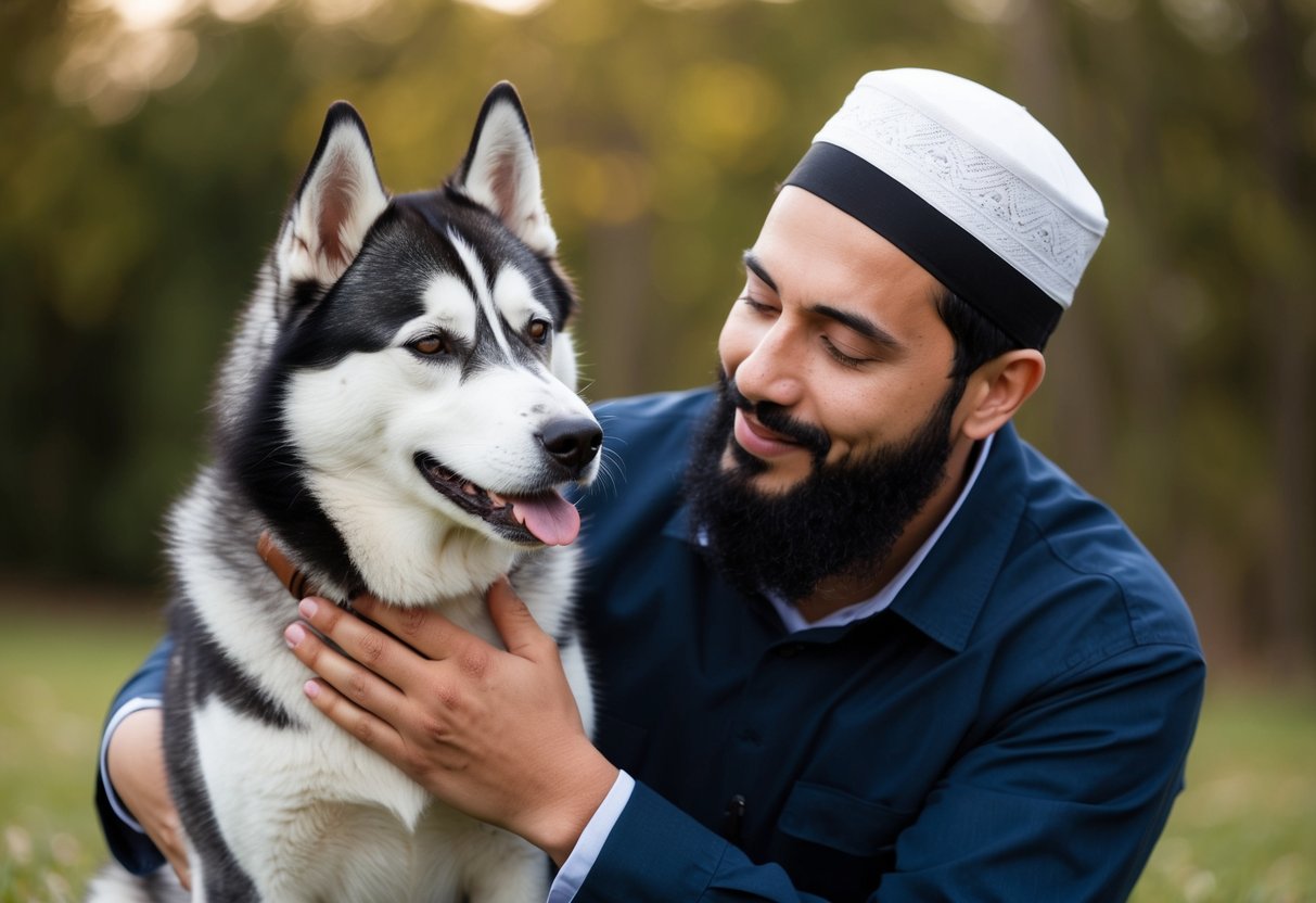 A Muslim gently pets a husky, showing affection and care. The dog looks content and comfortable, symbolizing the Islamic view on kindness towards animals