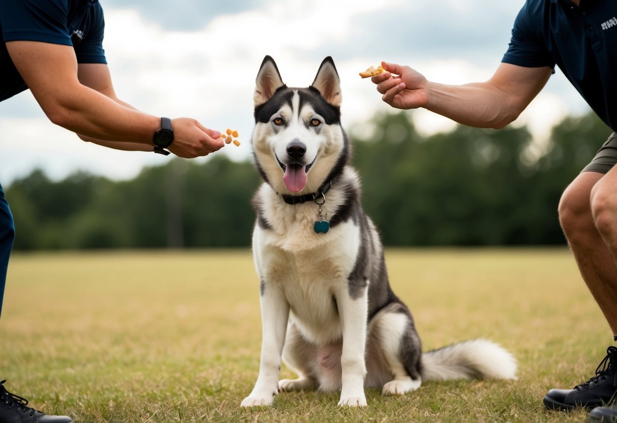 A husky dog sitting attentively, with a trainer holding a treat and giving commands