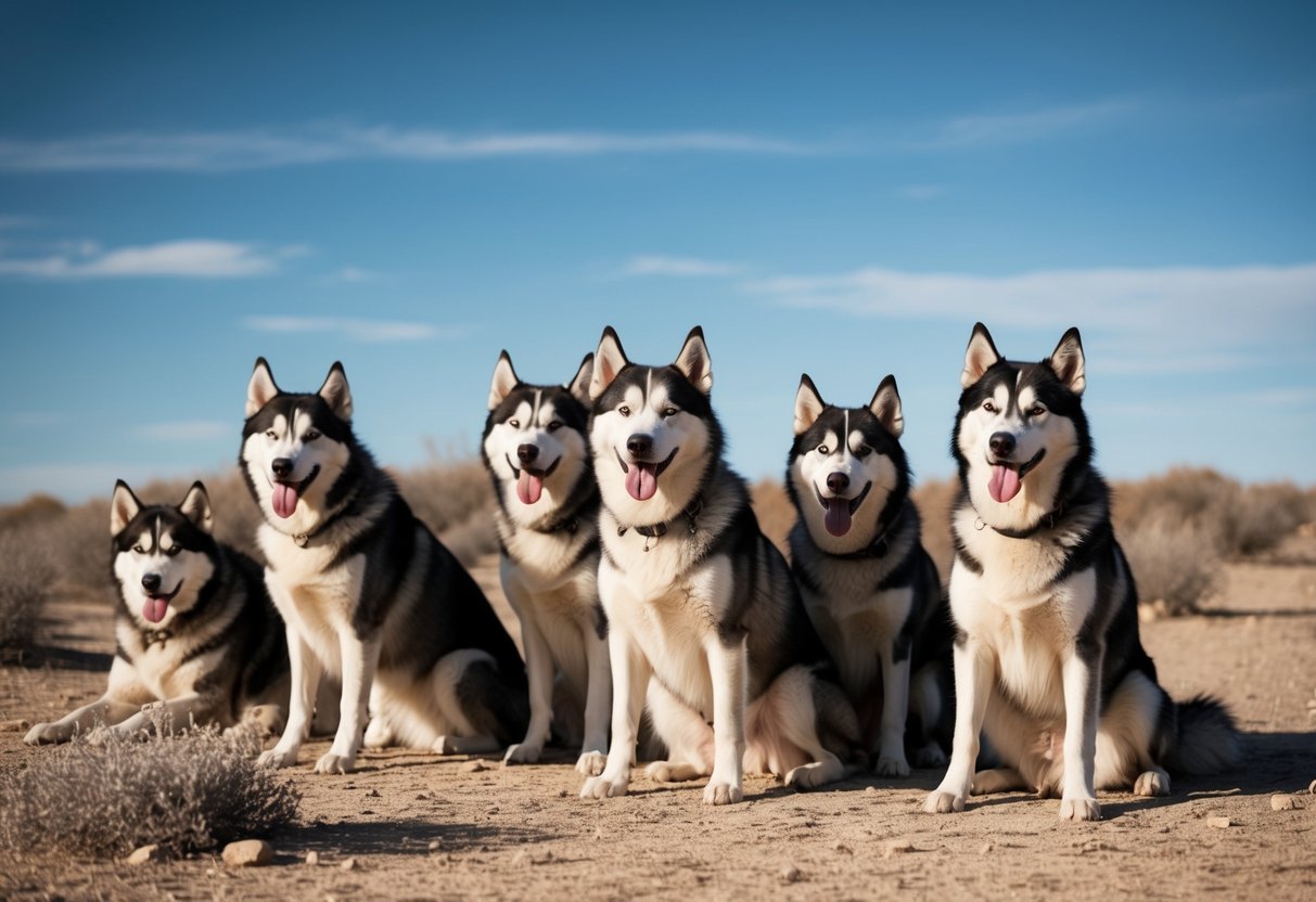 A group of Alaskan huskies panting in the shade, surrounded by dry, sun-baked terrain and a clear blue sky overhead