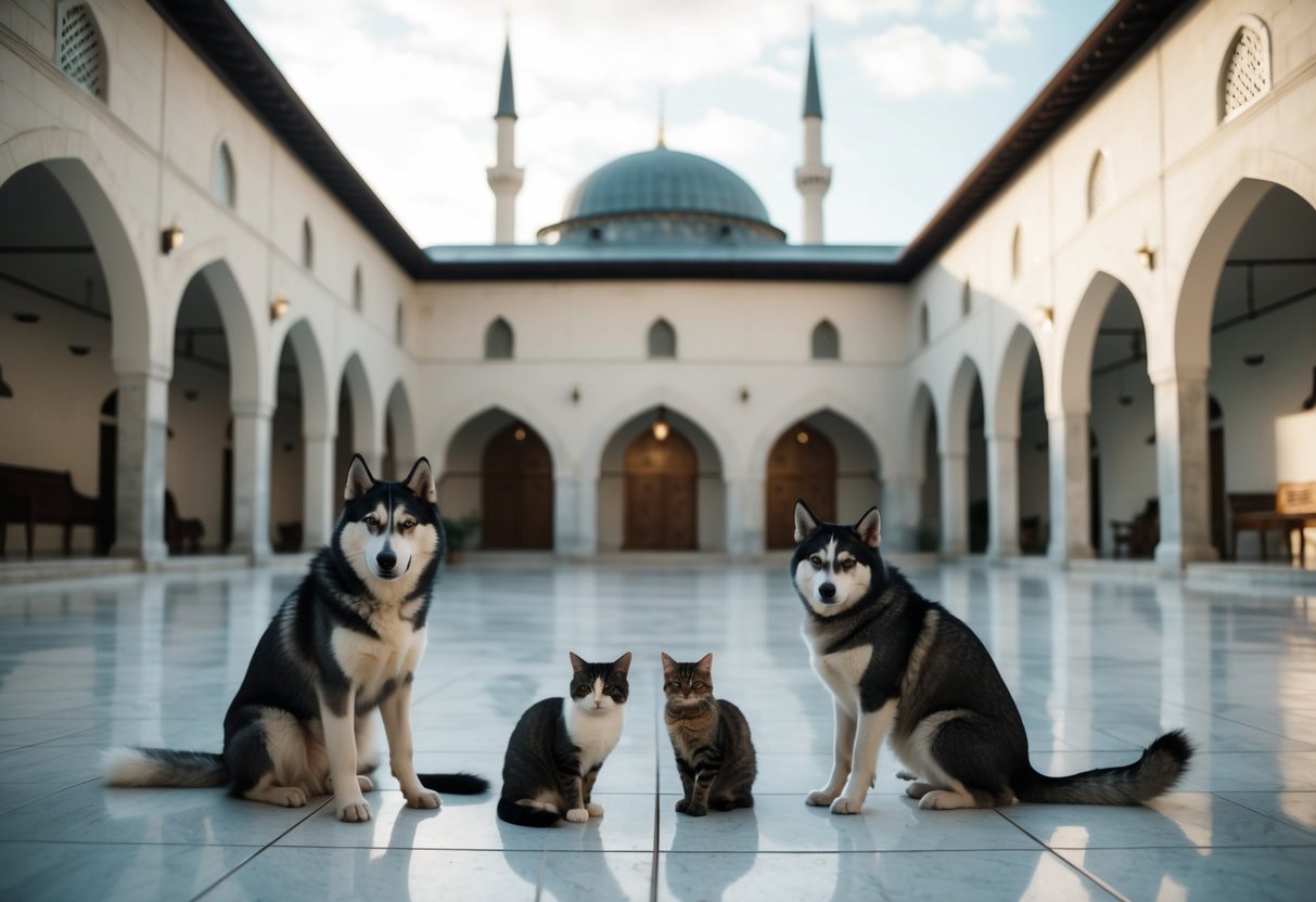 A serene mosque courtyard with various animals coexisting peacefully - including a husky, a cat, and a bird