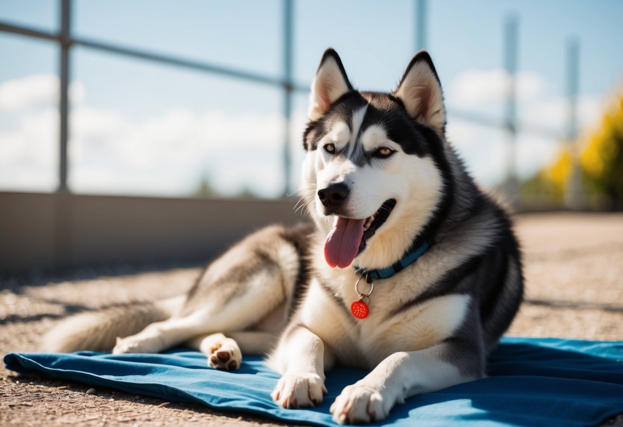 An Alaska Husky lounges in the shade, panting in the heat, with a backdrop of sunny, warm weather