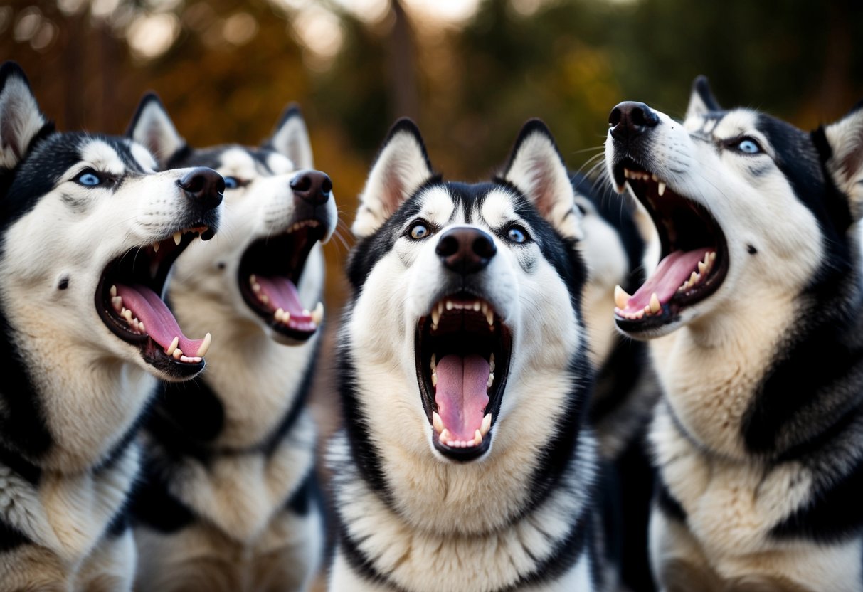 A group of huskies howling together, their mouths open wide as they vocalize in a chorus, with their expressive eyes and pointed ears adding to the dramatic scene