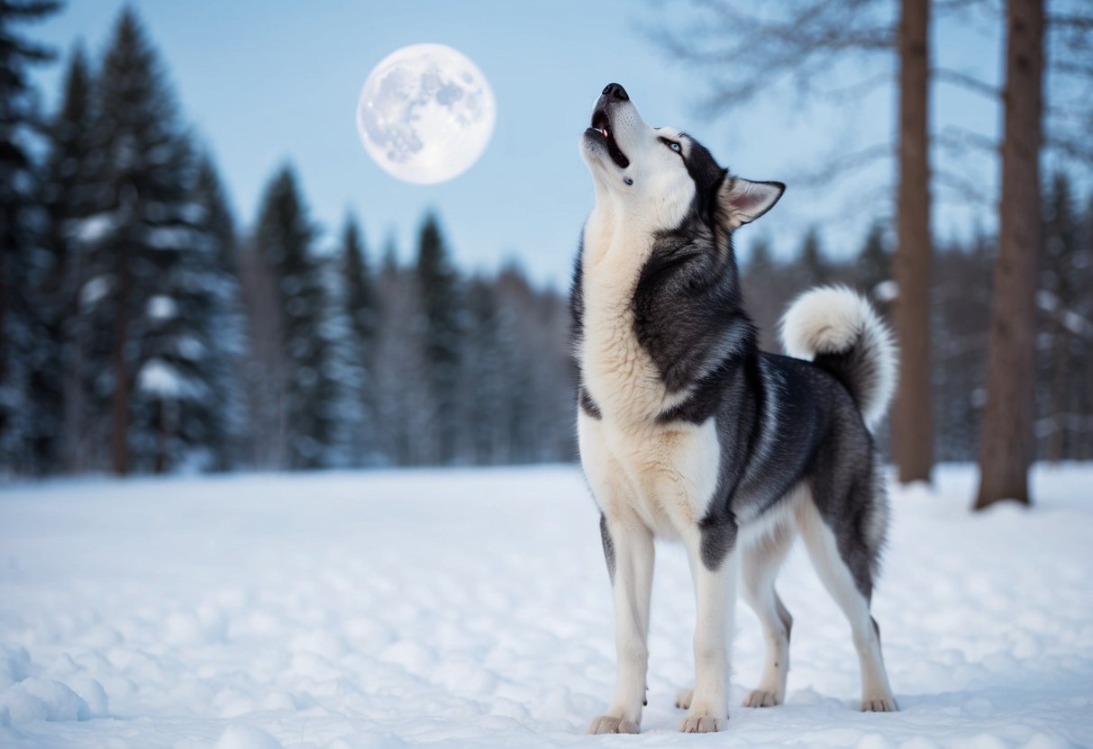 A husky stands in a snowy forest, its head tilted back, howling at the full moon