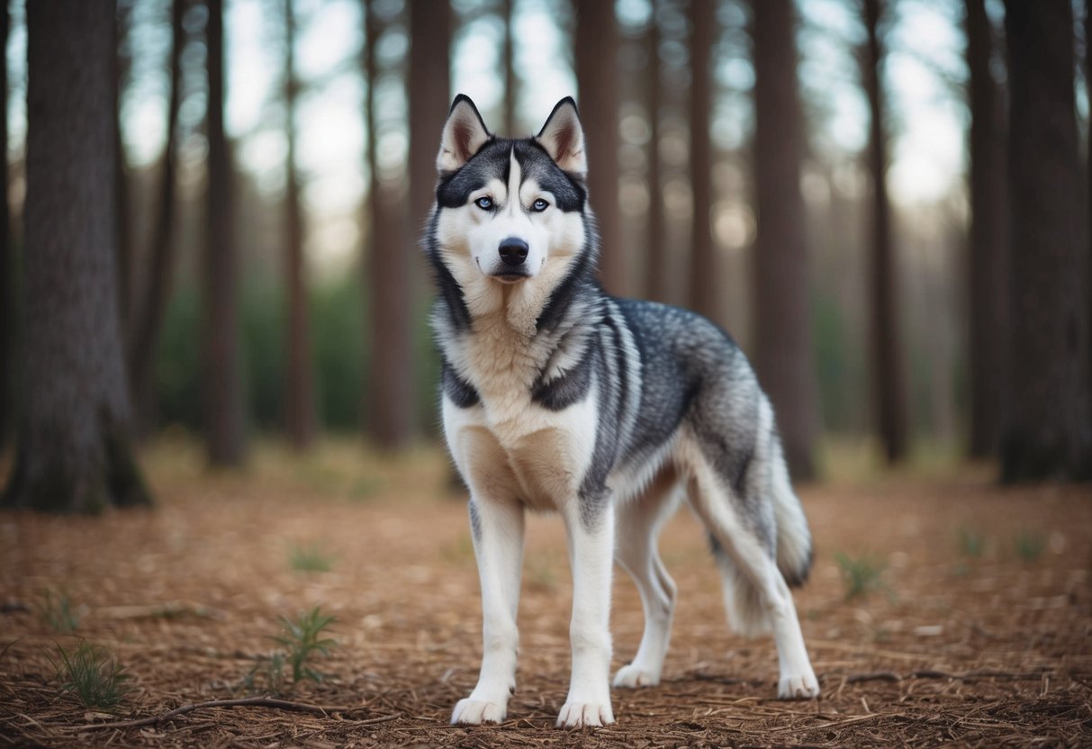 A husky with wolf-like features stands in a forest clearing, its pointed ears and piercing gaze hinting at its potential hybrid ancestry