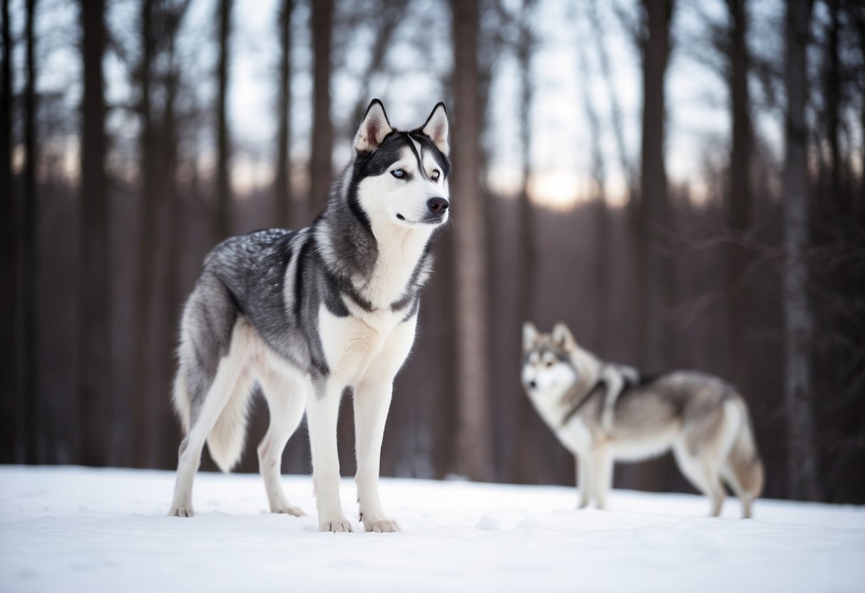 A lone husky stands in a snow-covered forest, its gaze fixed on a distant wolf