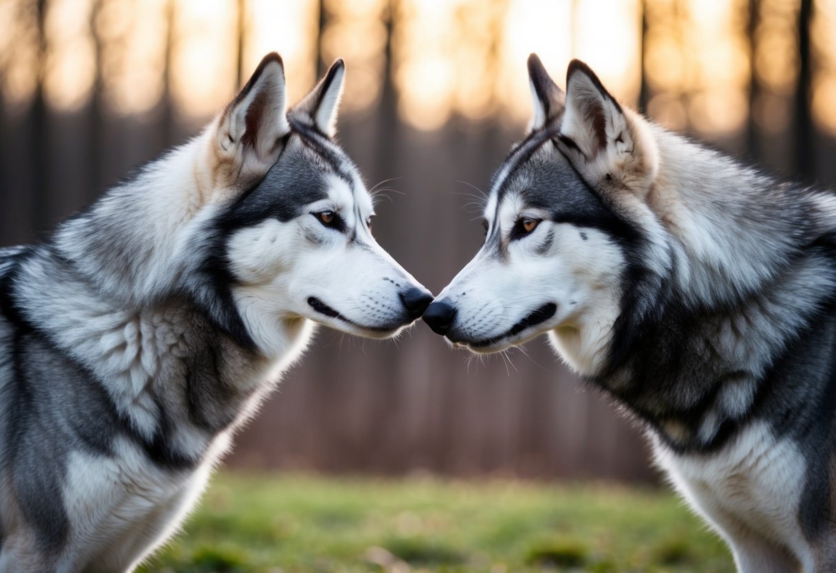 A lone husky and wolf stand nose to nose, their similar fur and piercing eyes hinting at their close genetic relationship