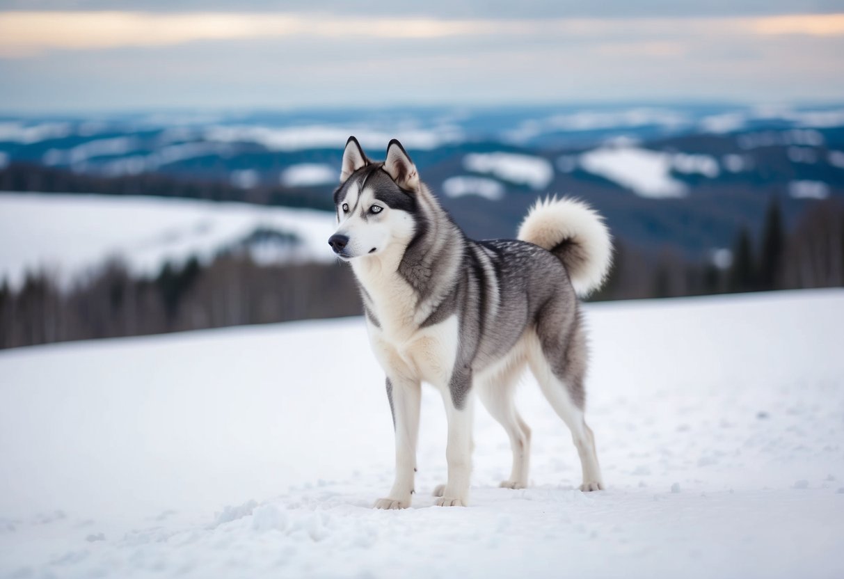 A lone, gray and white husky stands on a snow-covered hill, its piercing eyes gazing into the distance, resembling a wild wolf