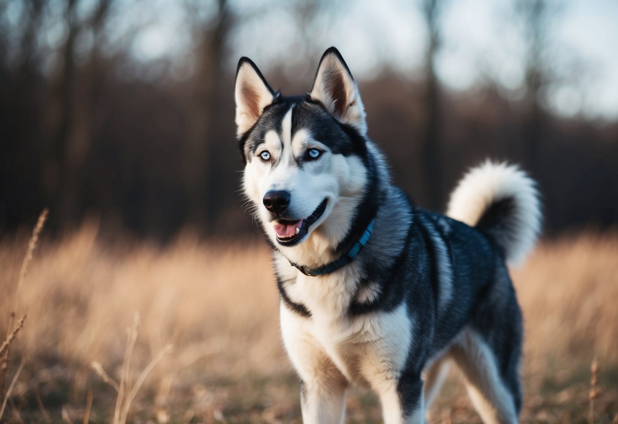 A husky stands alert, ears perked and fur bristling as it watches over its territory, ready to defend against any potential threats