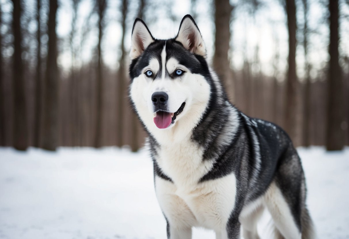 A majestic husky with striking wolf-like features, standing in a snowy forest
