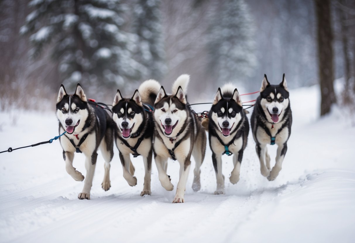 A team of Alaskan huskies pulling a sled through a snowy, forested landscape