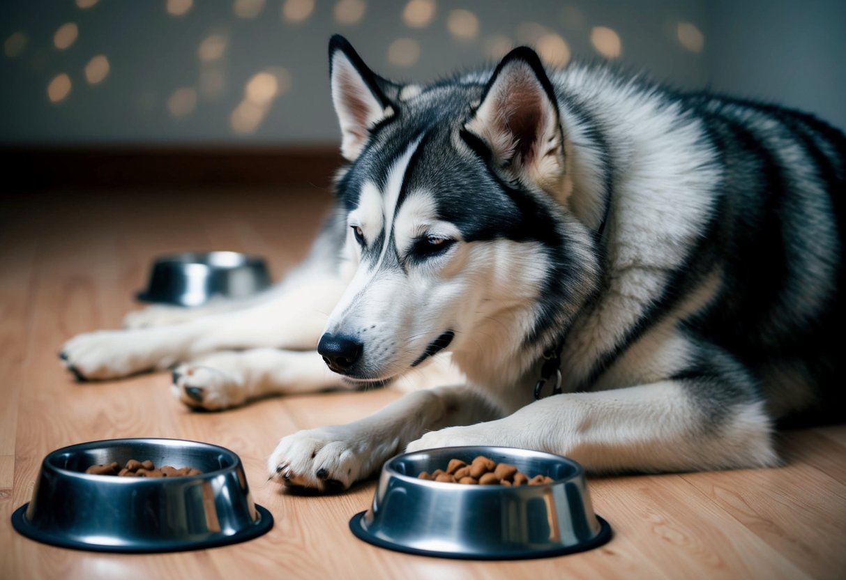 An Alaskan husky lies lethargic, with labored breathing and a dull coat, surrounded by empty food and water bowls
