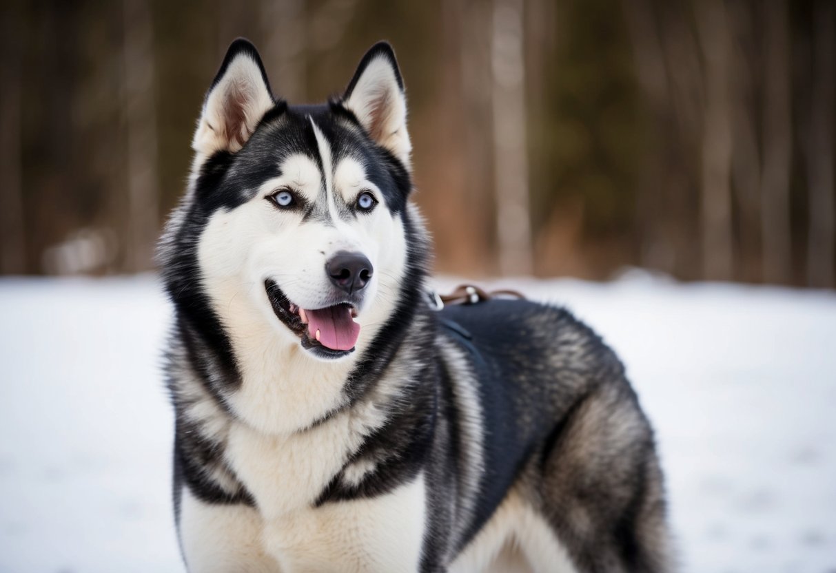 An Alaskan husky sled dog stands alert, with a sleek, muscular build and a thick, double-layered coat, exuding a strong and determined temperament