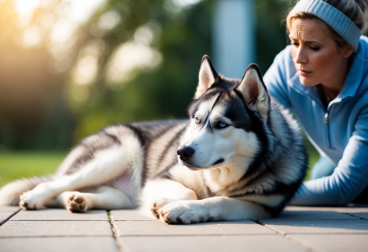 An Alaskan Husky lying down, showing signs of disorientation and unsteadiness, with a concerned owner looking on