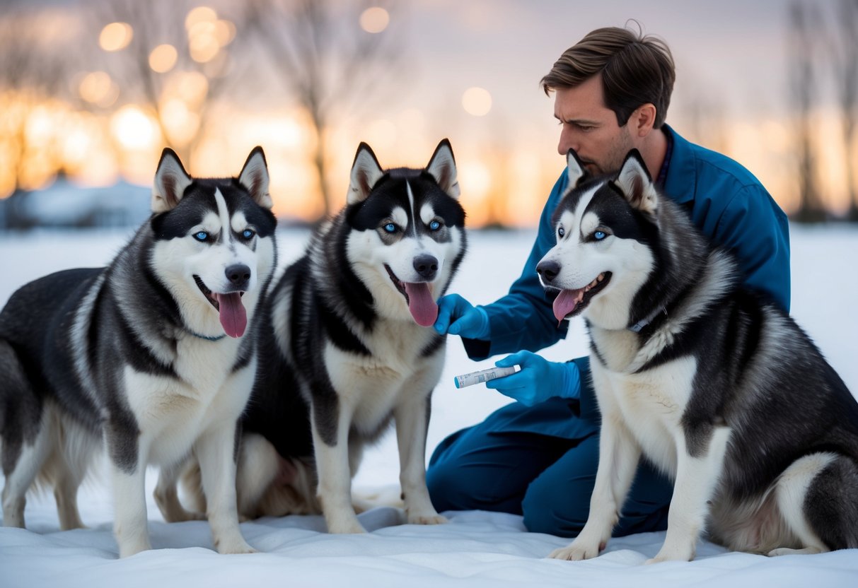 A group of Alaskan huskies exhibit symptoms of fatigue, weakness, and muscle atrophy. A veterinarian examines them and diagnoses Alaskan Husky Disease