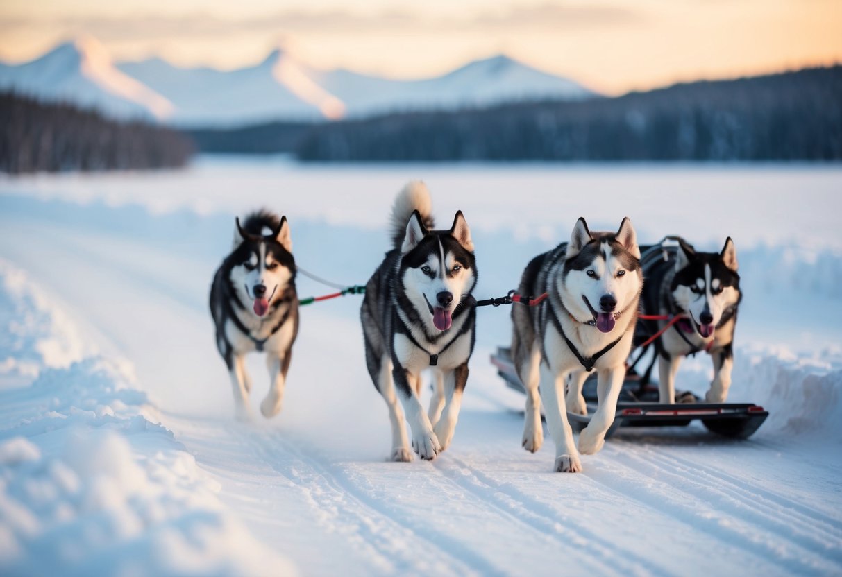Alaskan huskies pull sled through snowy Alaskan landscape