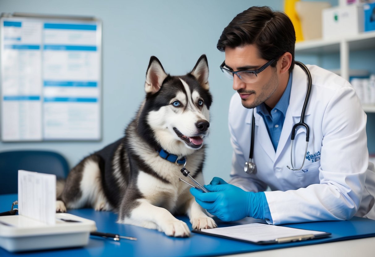 A veterinarian examining an Alaskan husky, surrounded by medical equipment and charts