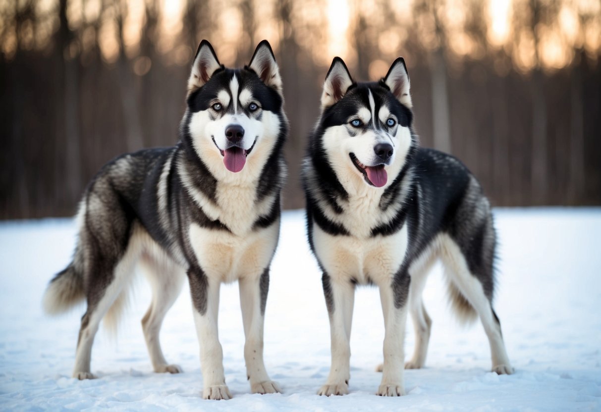 A Siberian and Alaskan husky stand side by side, their thick fur and distinctive markings clearly visible
