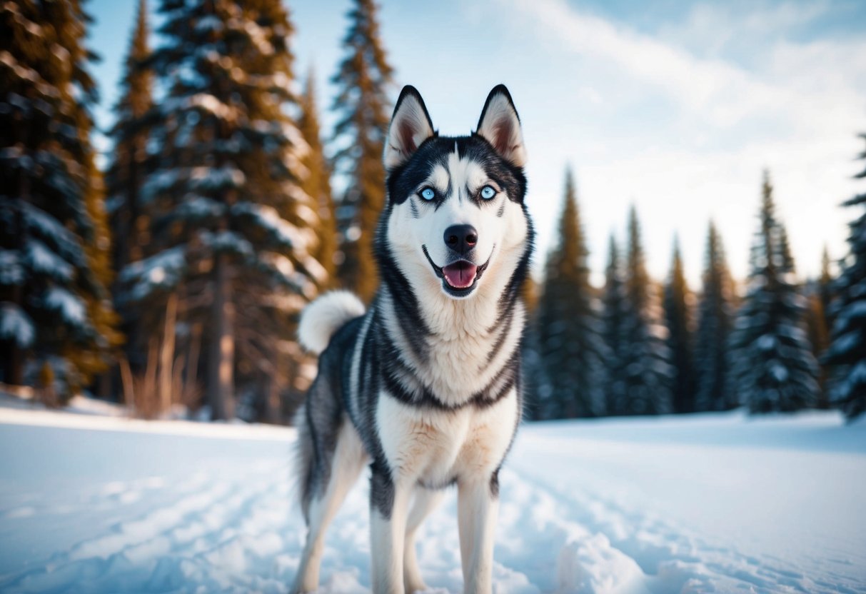 A husky with striking blue eyes stands in a snowy landscape, surrounded by tall evergreen trees. Its thick fur is glistening in the sunlight, and it looks alert and energetic