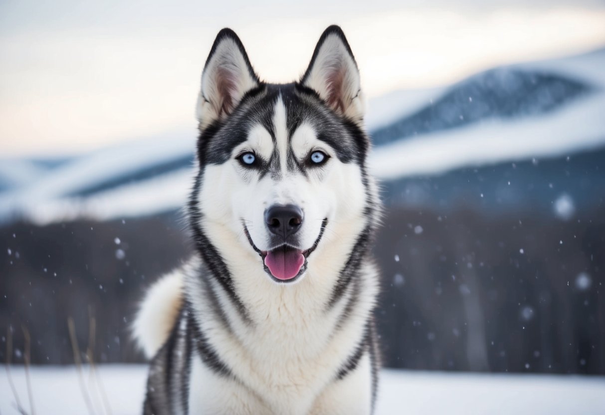 A purebred husky standing proudly in a snowy landscape, with a thick fur coat, pointed ears, and piercing blue eyes