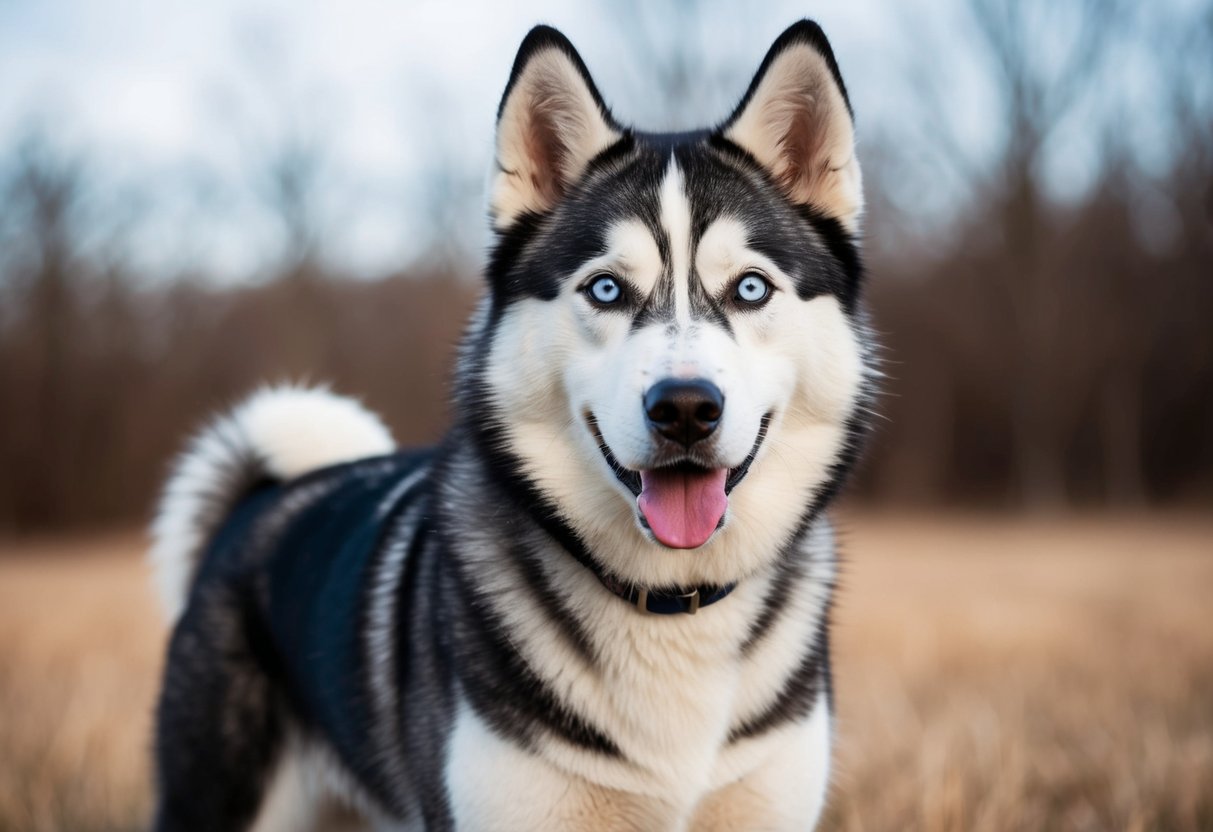 A purebred husky stands proudly with its pointed ears, thick fur, and striking blue or multi-colored eyes, exuding a sense of strength and independence