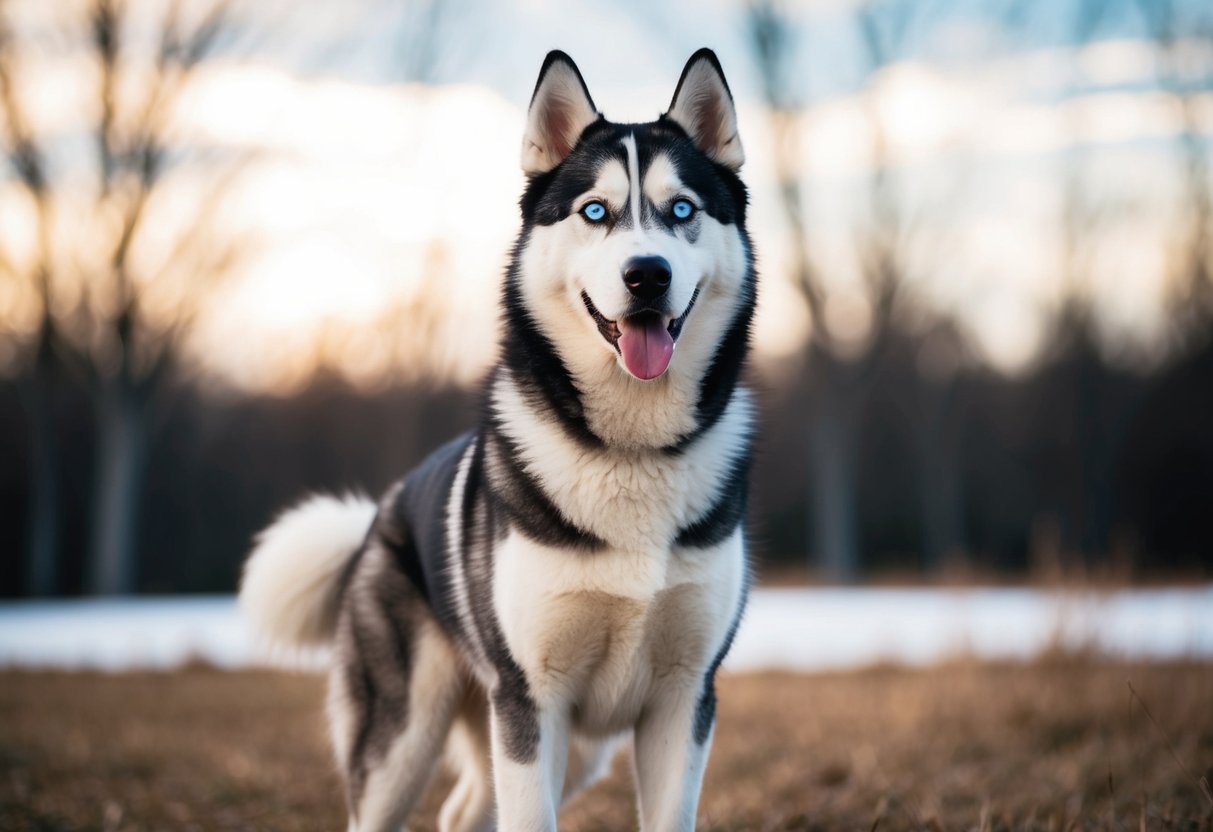 A beautiful purebred husky stands proudly, with a thick fur coat, striking blue eyes, and a strong, athletic build
