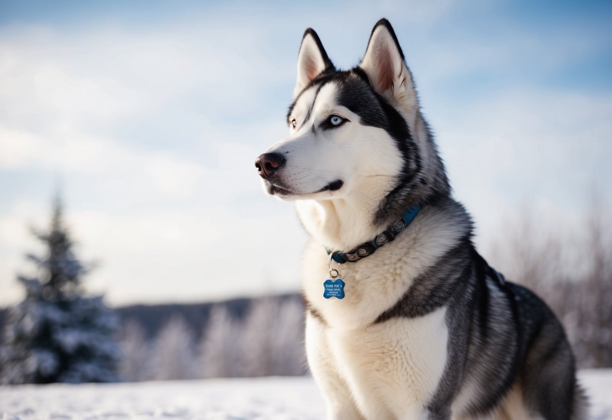 A majestic, purebred husky stands proudly in the snow, its thick fur glistening in the sunlight as it gazes off into the distance