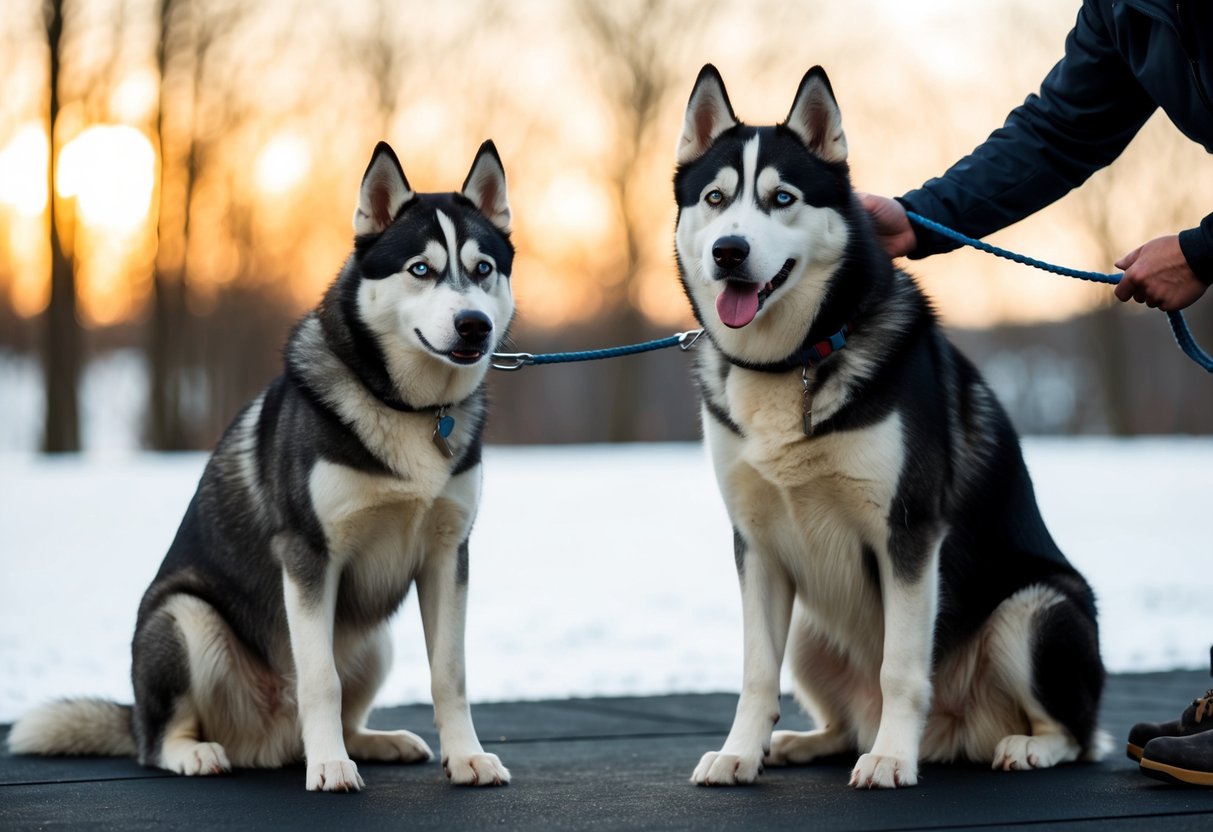 A male and female husky sit side by side, responding obediently to their trainer's commands