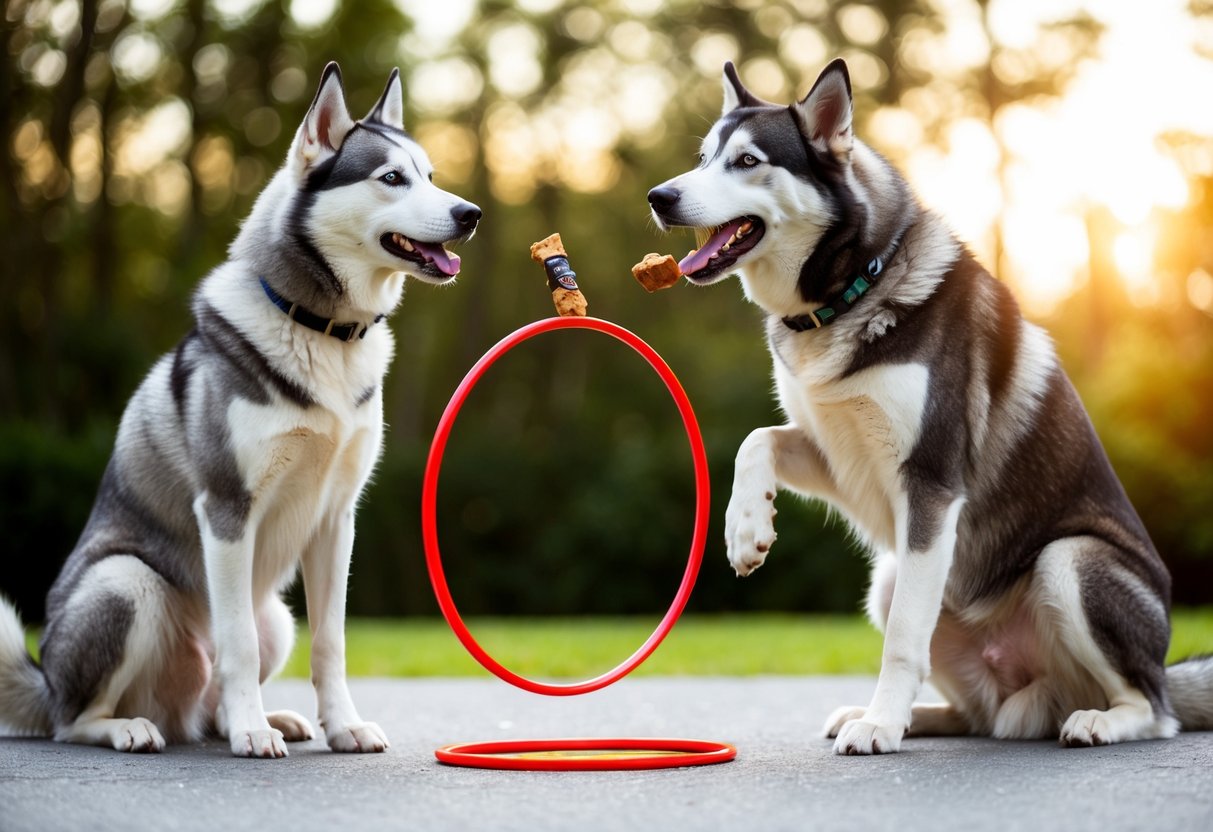 A female husky obediently sits while a male husky playfully jumps through a hoop, both eagerly awaiting a treat