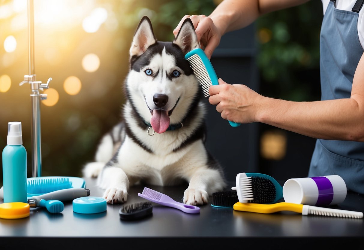 A husky being groomed with a brush and comb, surrounded by various grooming tools and products on a table