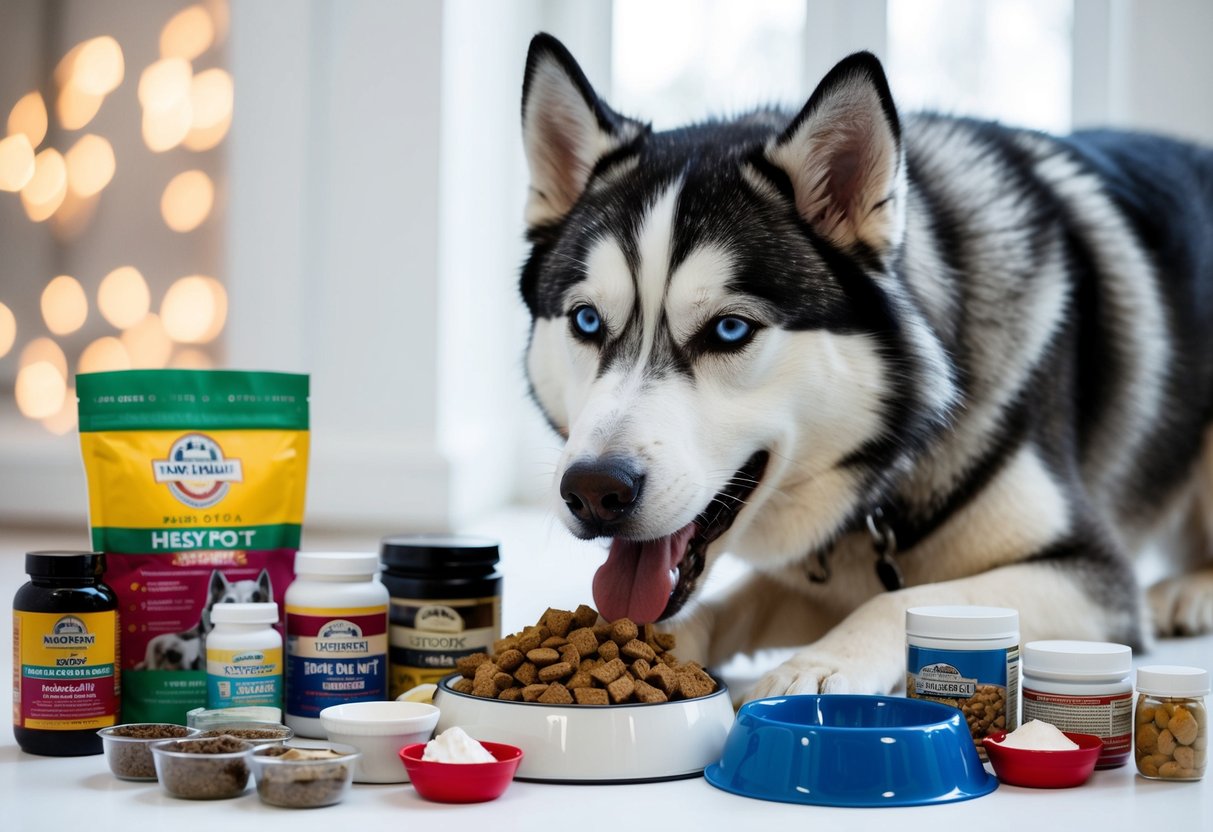 A husky eagerly awaits a meal, surrounded by various high-quality dog food, supplements, and a water bowl