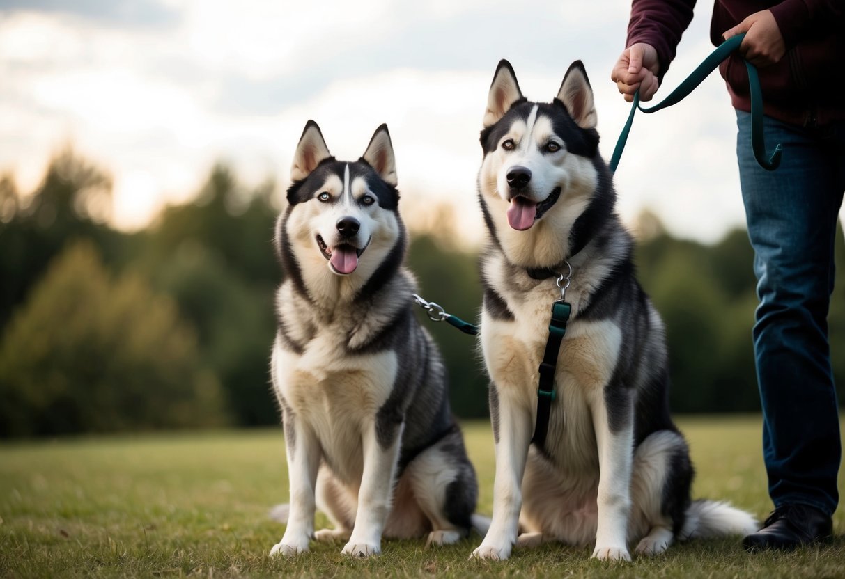 A husky dog sits attentively, looking up at its owner with bright eyes. The owner holds a leash, gently guiding the dog with calm and assertive body language