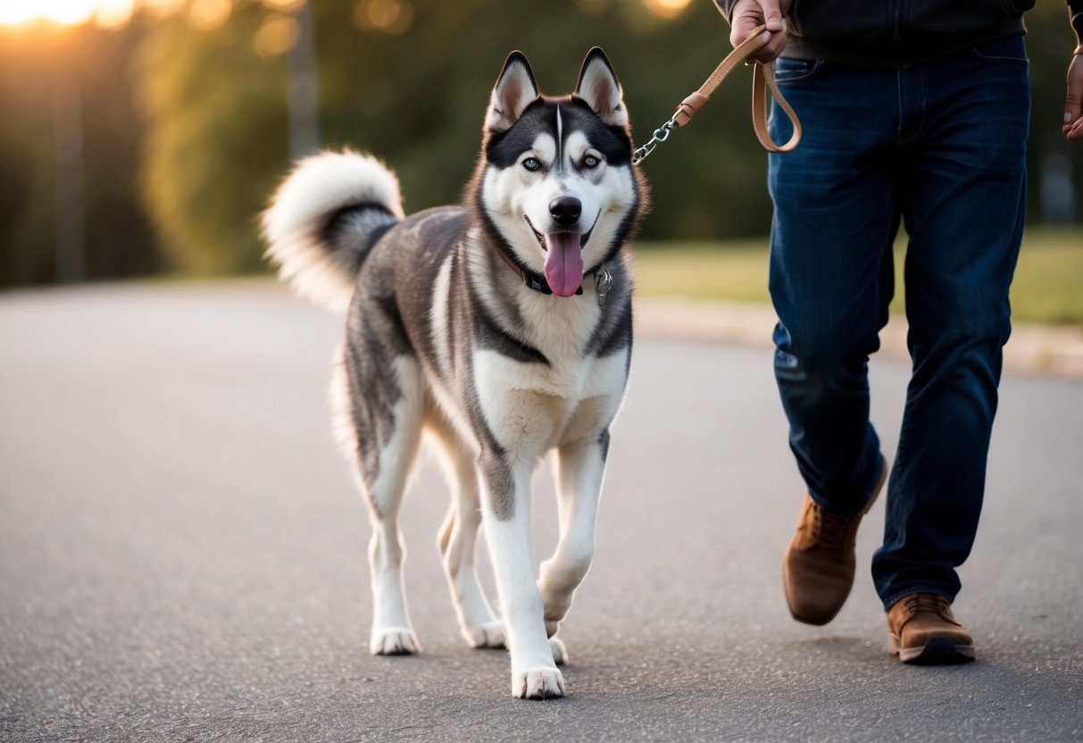 A husky dog walking calmly on a leash beside its owner. The owner is giving clear commands and the dog is obediently following