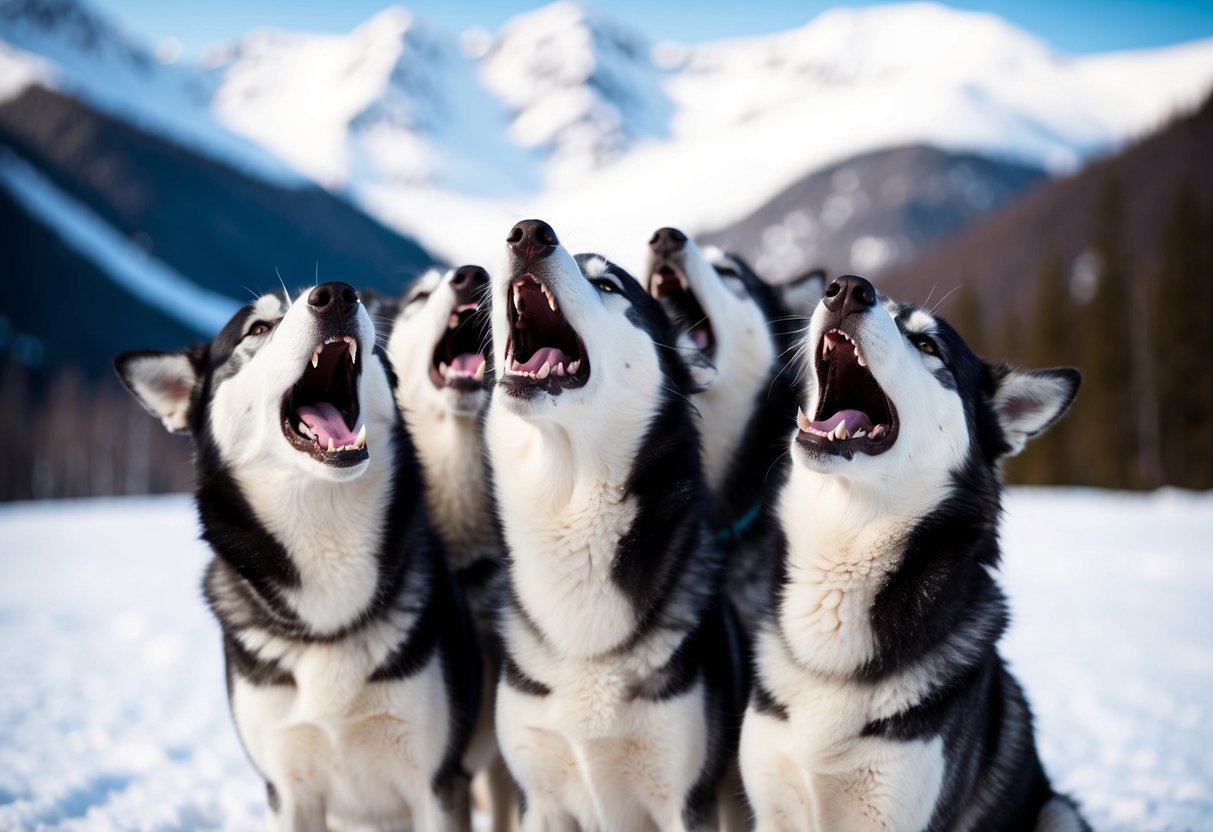 A pack of Alaskan huskies barking in unison, their heads raised and mouths open, surrounded by snowy mountains