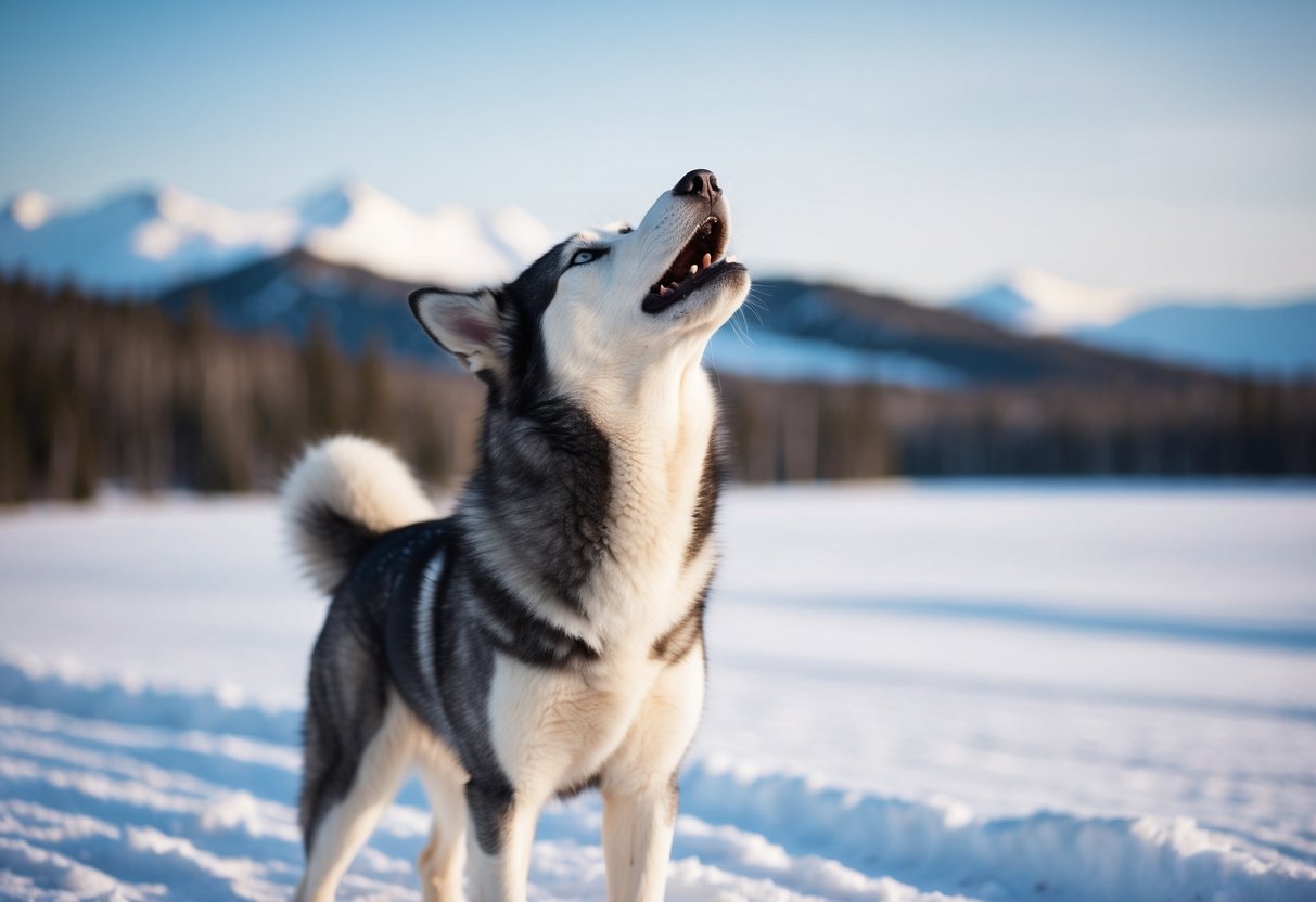 An Alaskan husky stands in a snowy landscape, head tilted back, emitting a loud, melodic howl