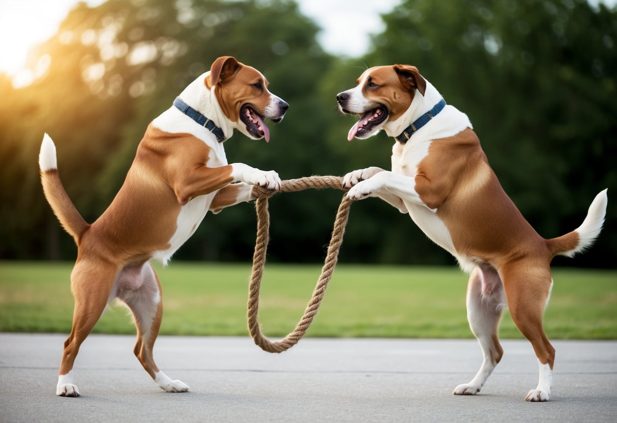 Two large dogs playfully tugging on opposite ends of a rope, showcasing their strength and determination