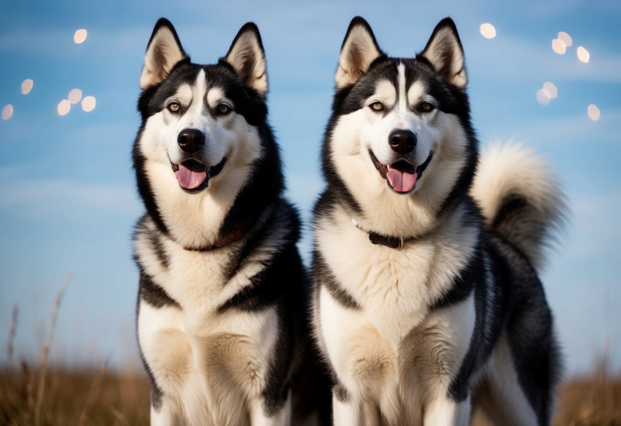 Two dogs, a husky and a malamute, standing side by side, showcasing their strength and power through their muscular build and confident posture