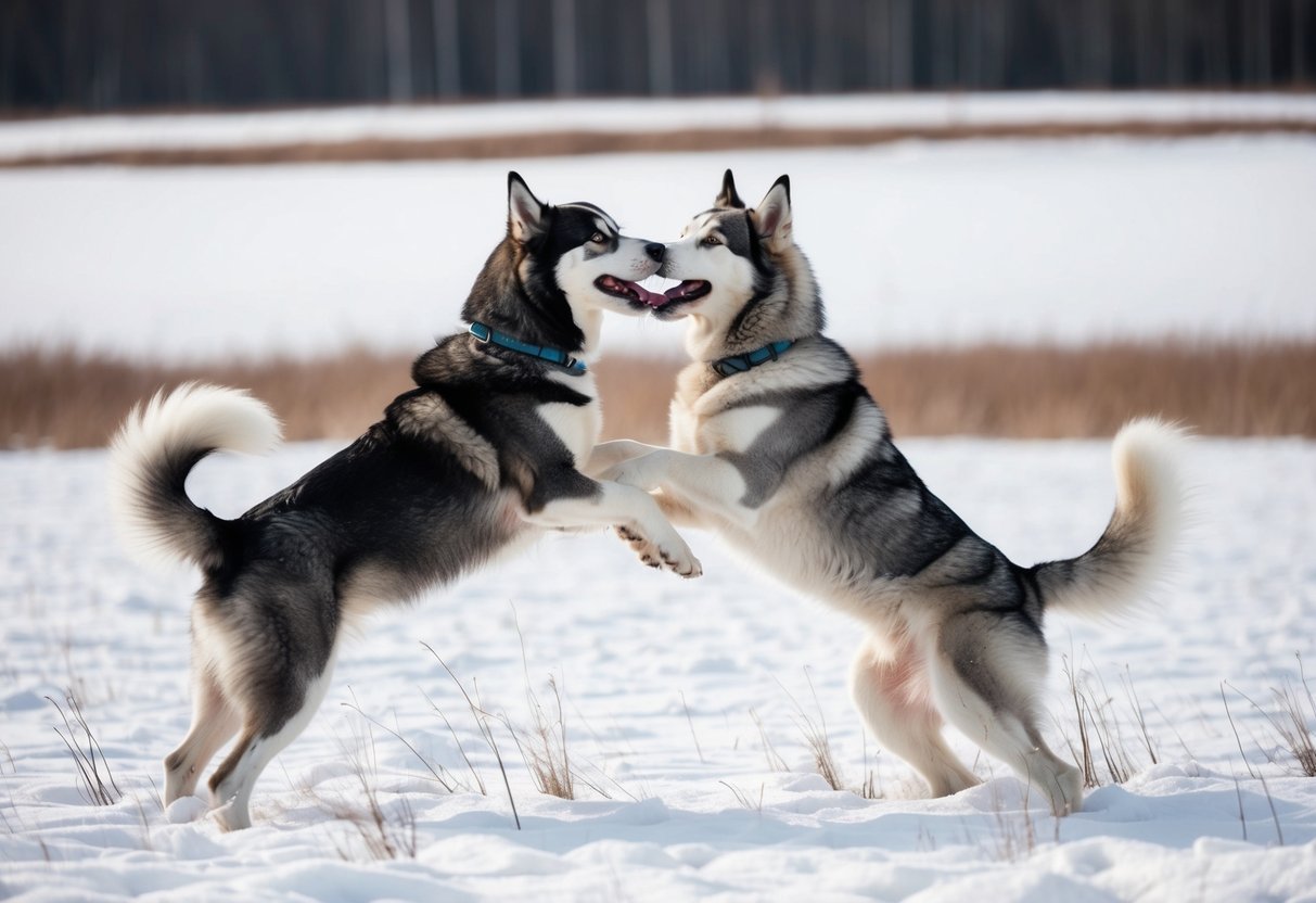 Two dogs playfully tussle in a snowy field, their tails wagging as they engage in a friendly competition to determine who is stronger - a husky or a malamute