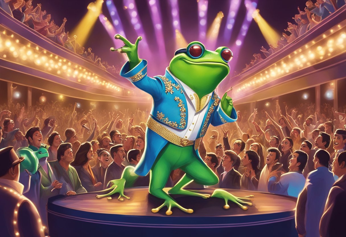 An Elvis-themed frog performing on a Vegas stage with bright lights and a crowd of cheering amphibians