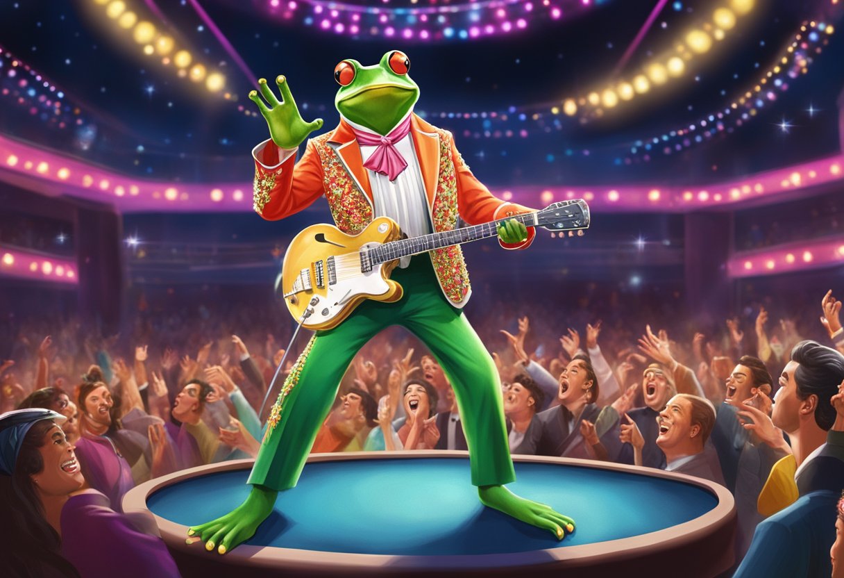 A lively scene of Elvis Frog performing on a stage in a vibrant Vegas setting, surrounded by bright lights and an enthusiastic audience