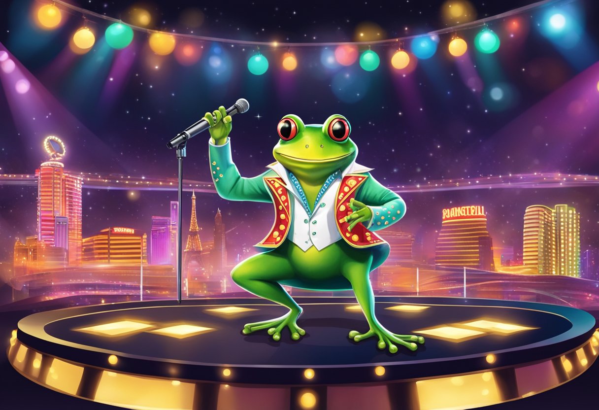 An Elvis frog performing on a Vegas stage surrounded by bright lights and casino scenery