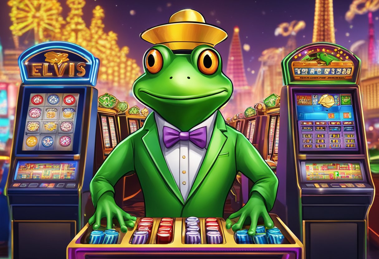 Elvis frog surrounded by slot machines in Vegas, with RTP and volatility symbols