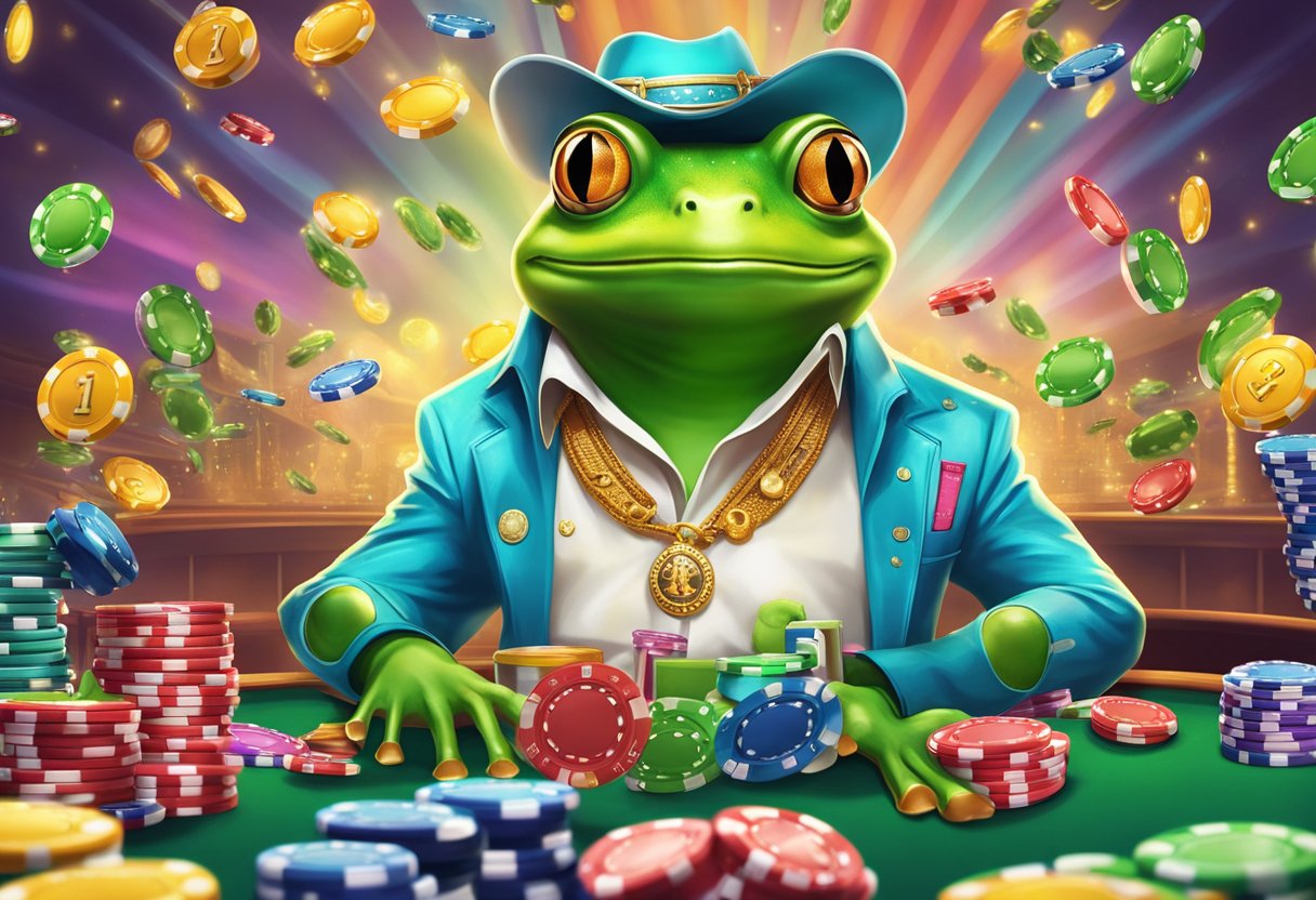 Elvis Frog surrounded by colorful bet sizes and paytable wins in a Vegas casino setting