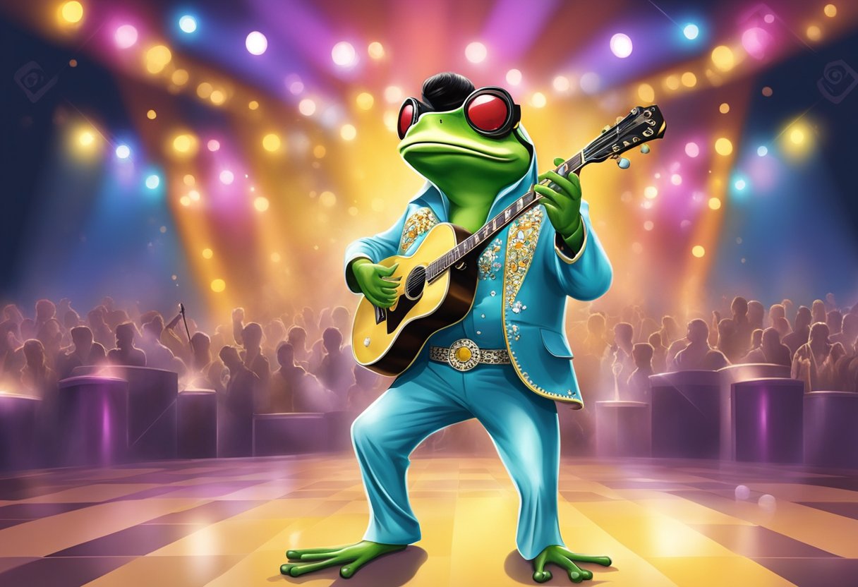 An Elvis impersonator frog performing on a Vegas stage