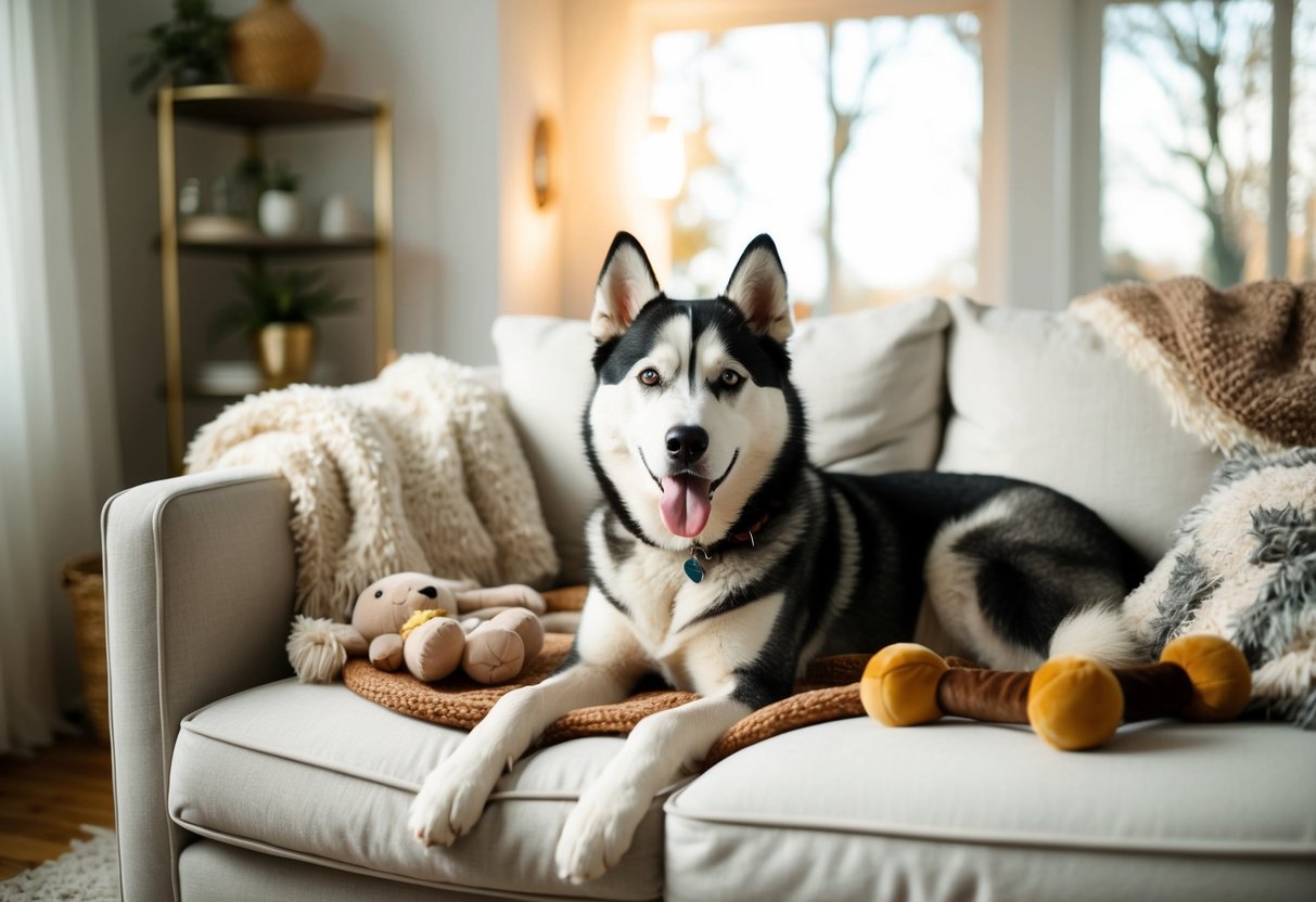 A husky lounges on a plush couch, surrounded by cozy blankets and toys in a sunlit living room